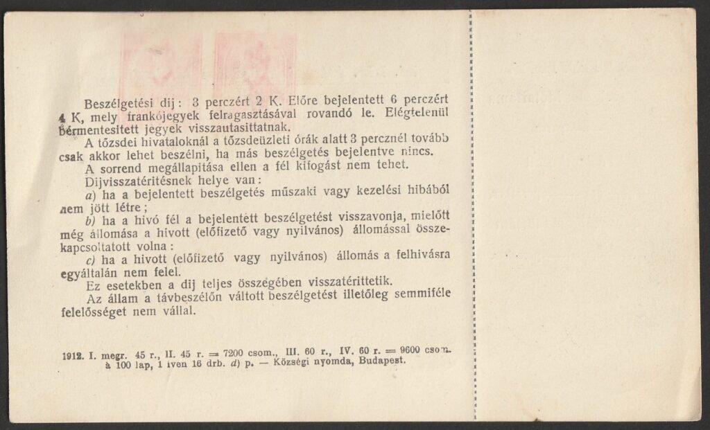 A Magyar Királyi Posta 884. sz. Távbeszélő-jegy típusai